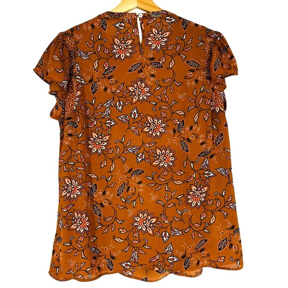 DR2 Copper Brown Floral Ruffle Sleeve Blouse Size M Semi-Sheer - Picture 2 of 8